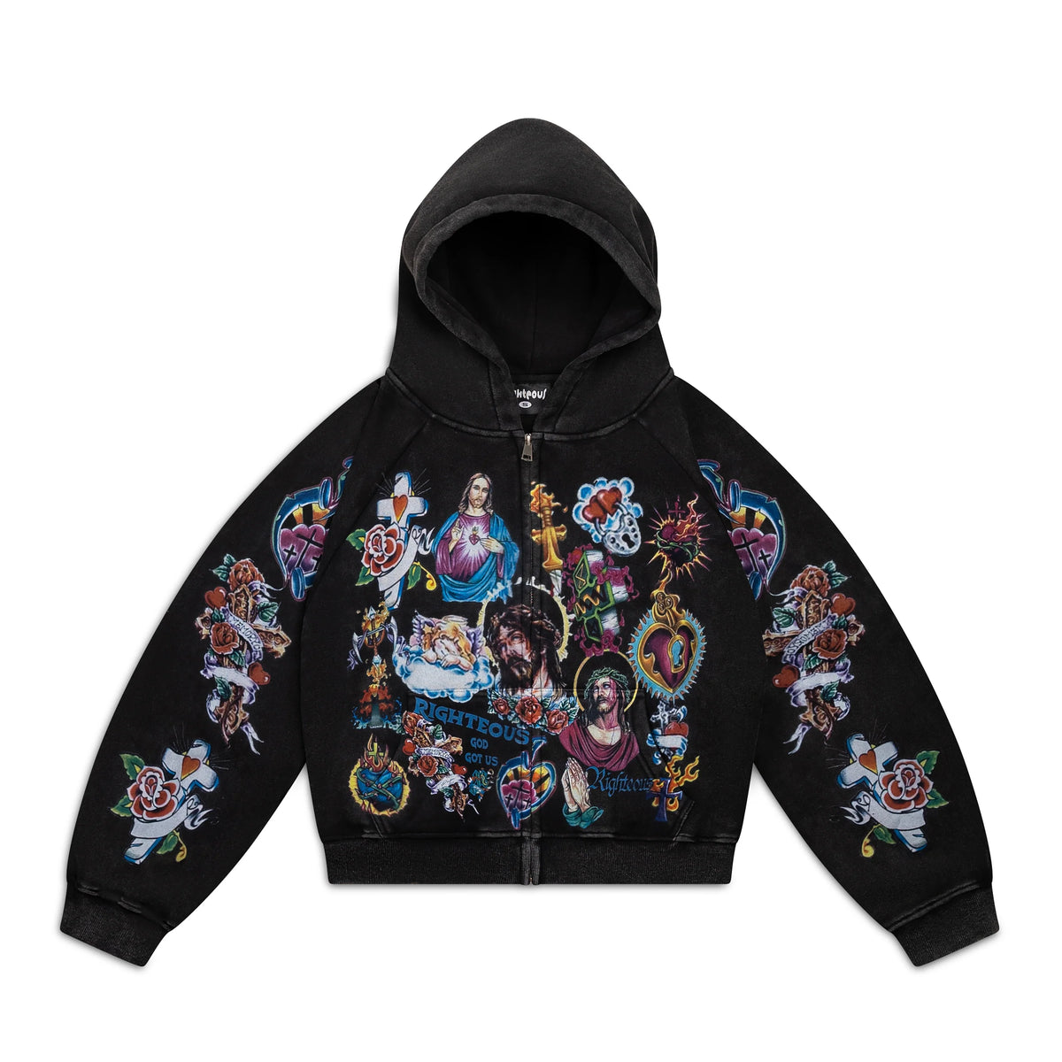 Black "We Are Righteous" Risen King cropped zip-up hoodie with hood, covered in colorful religious art like Jesus, Mary, crosses.