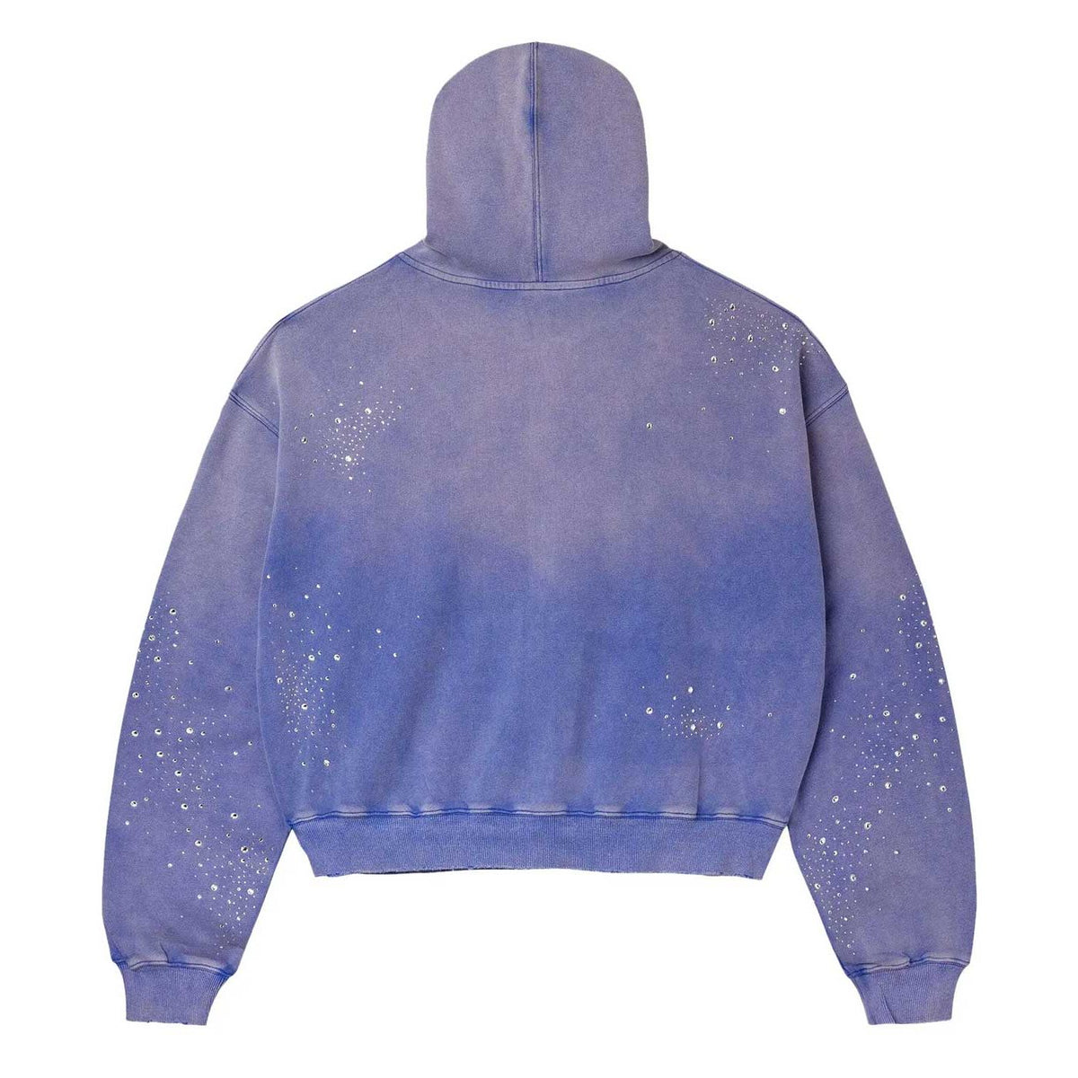 Vale Forever Freedom hoodie, back view. Faded blue mauve ombre wash with white rhinestones scattered on shoulders & sleeves.