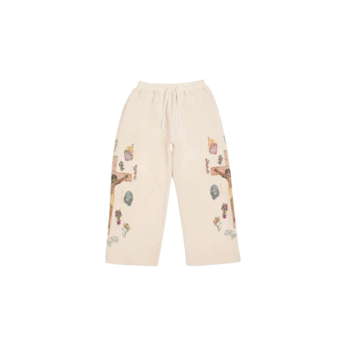 Cream thermal sweatpants, drawstring waist. Large crucifixion scenes on each leg with flaming hearts, tombstones, flowers, & 'We Are Righteous' text.