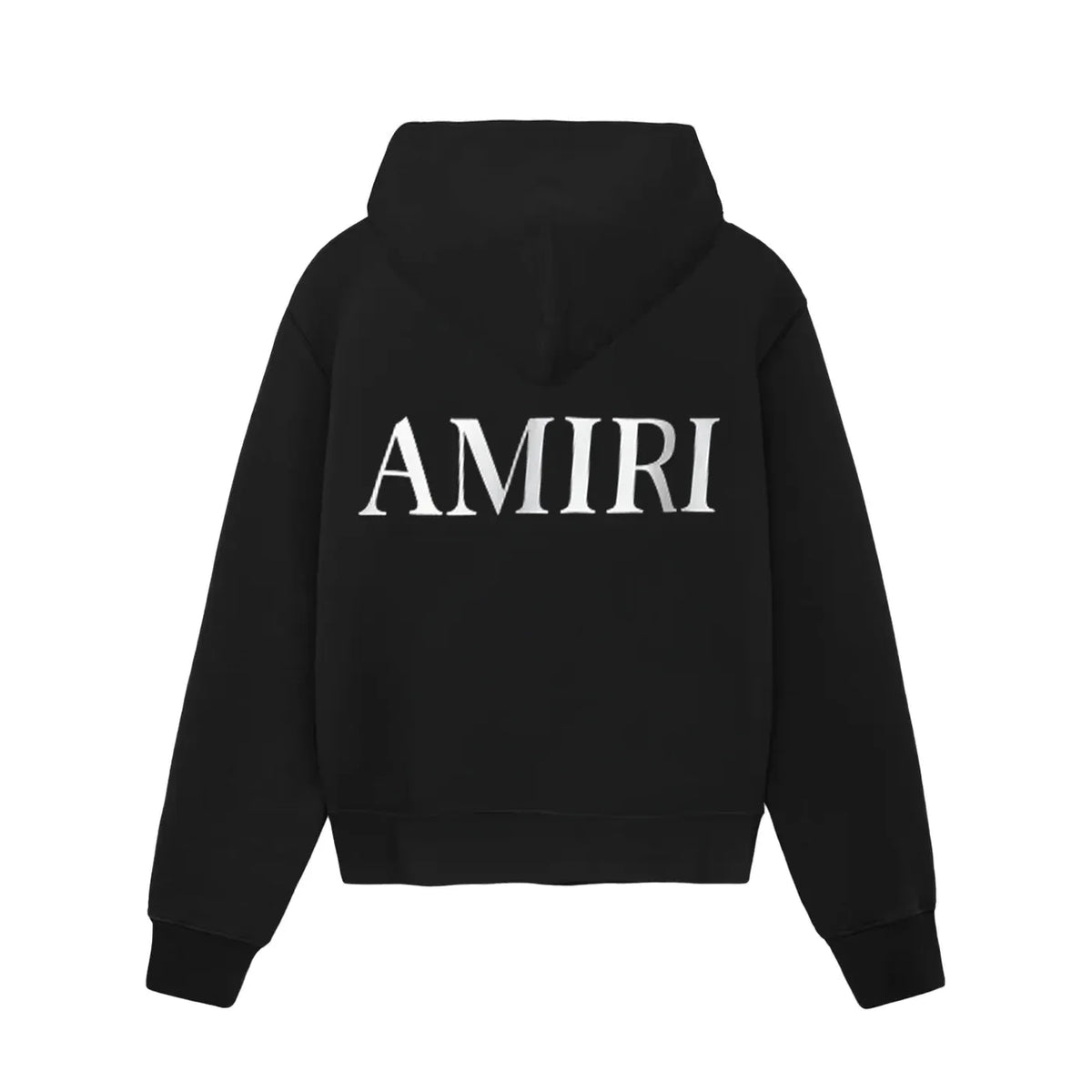 Black AMIRI hoodie, back view, with prominent white 'AMIRI' logo across the back. Features a hood and ribbed cuffs.