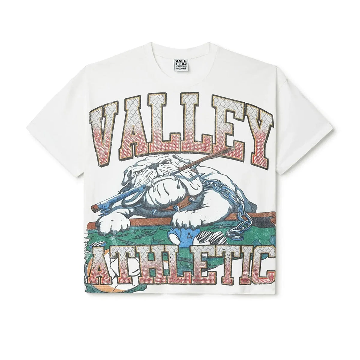 White VALE USA tee with a distressed bulldog graphic holding a pool cue, atop a pool table, and 'VALLEY ATHLETIC' text.