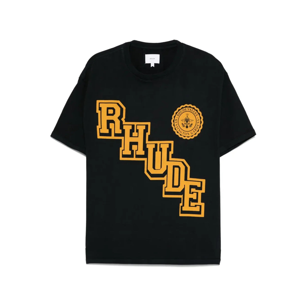 Rhude black tee with yellow varsity diagonal 'RHUDE' logo & circular brand badge.
