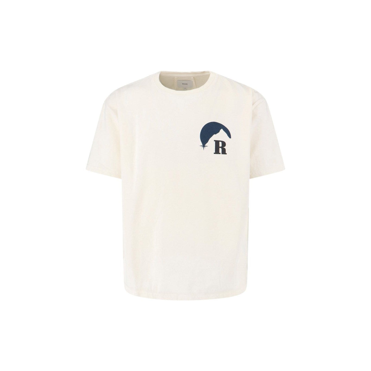 Rhude cream short sleeve tee with dark blue mountain-shaped graphic, star, and 'R' logo on left chest.