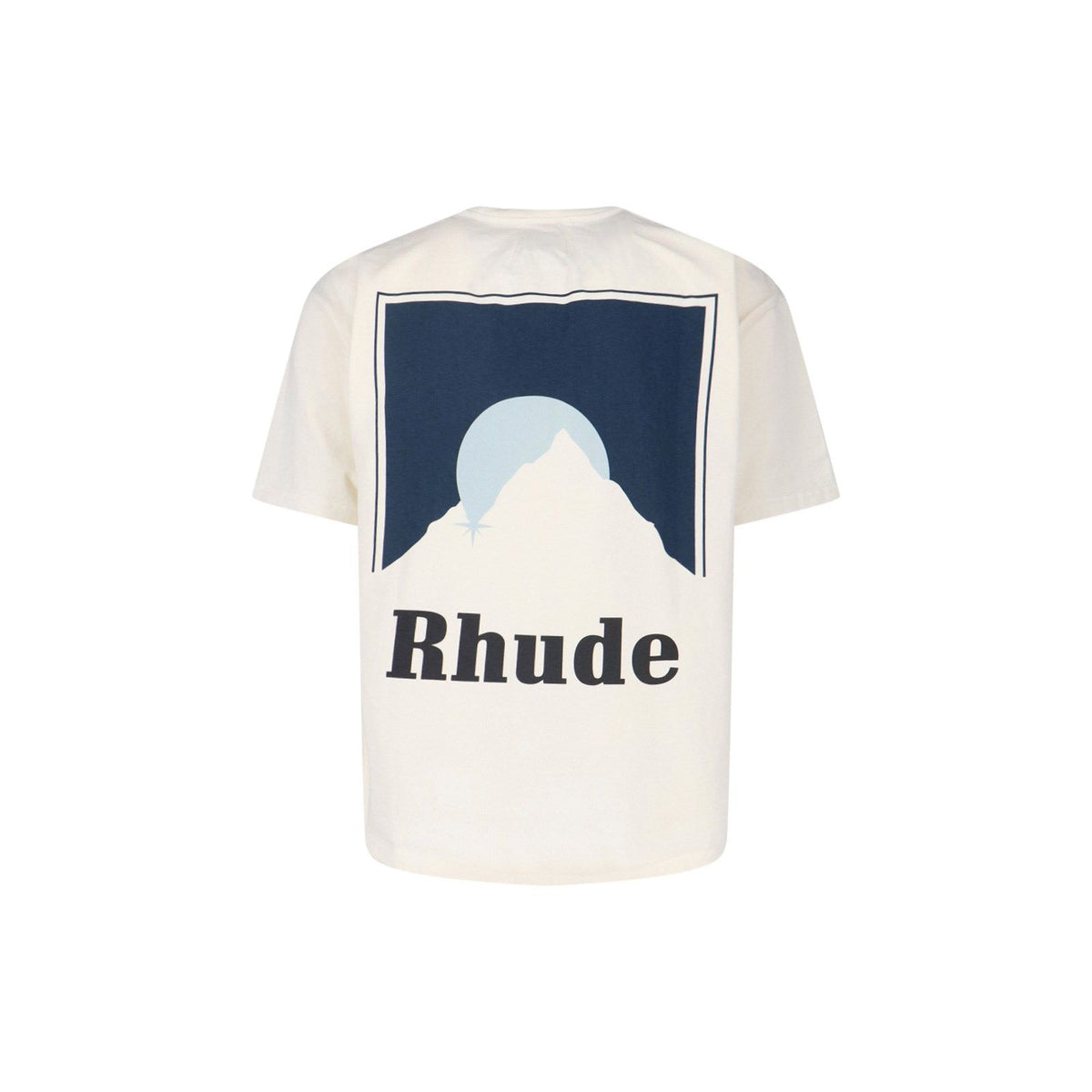 White Rhude t-shirt with a back graphic: dark blue square, light blue sun over a white mountain with a star, and 'Rhude' text.