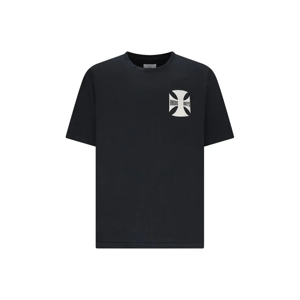 Black Rhude tee with a white Iron Cross graphic on the left chest, featuring "RHUDE BOYS" text inside.