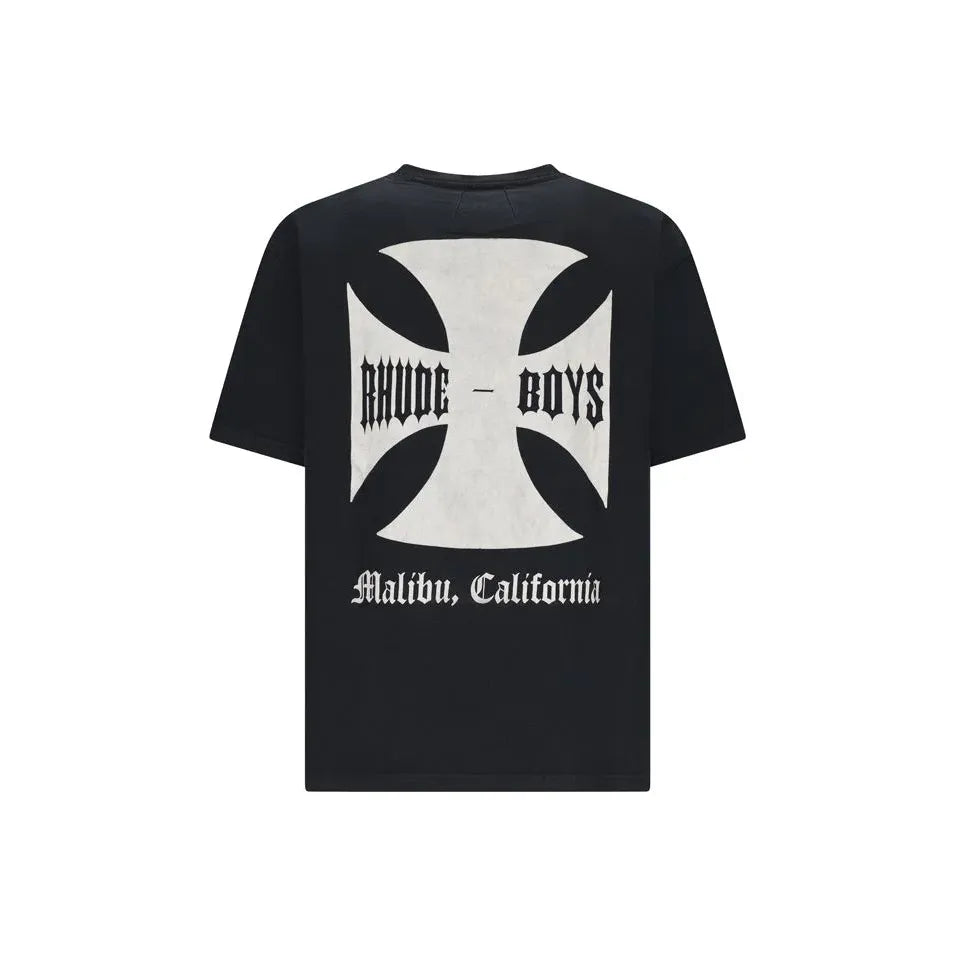 Black Rhude tee with white iron cross graphic, "RHUDE - BOYS" & "Malibu, California" text in gothic font.