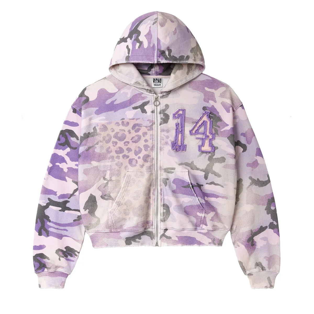 VALE USA Wayne Zip Up: Purple camo hoodie with leopard print panel, '14' applique, hood, full zip, and pockets.