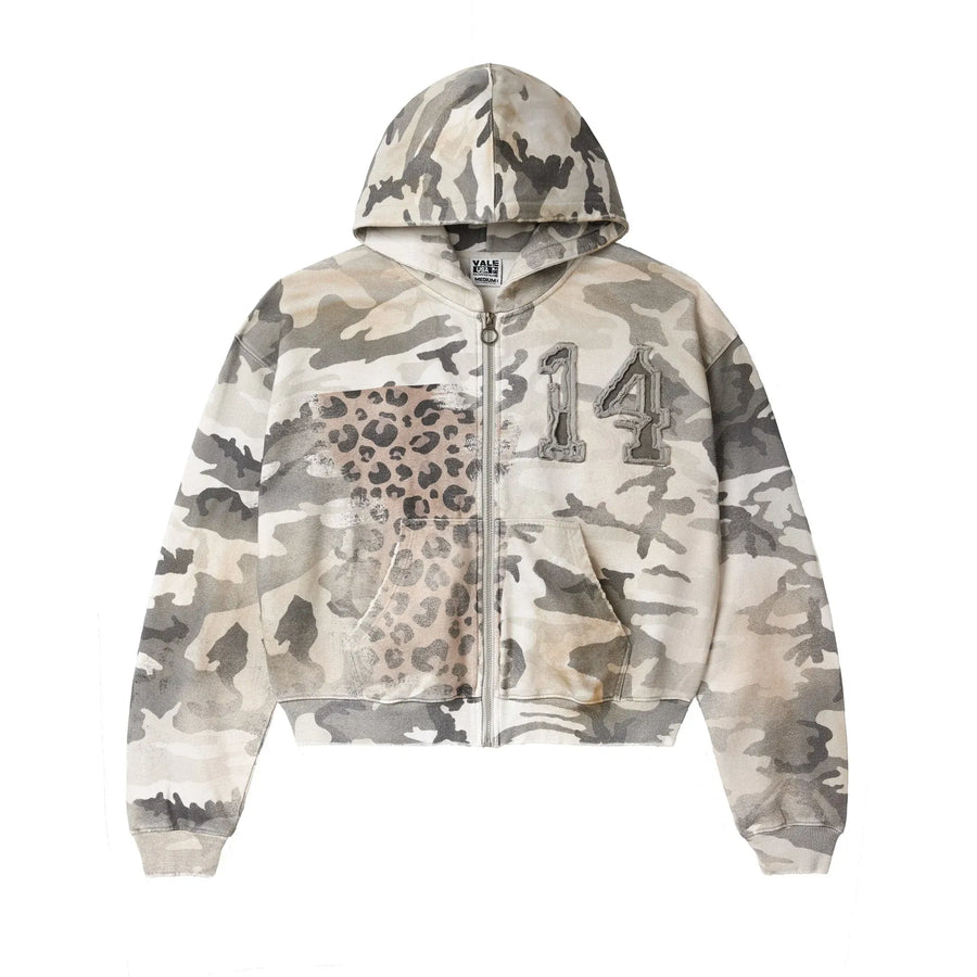 Vale Forever Winter Camo zip-up hoodie in white, gray & tan, featuring leopard print, "14" patches, & front pockets.