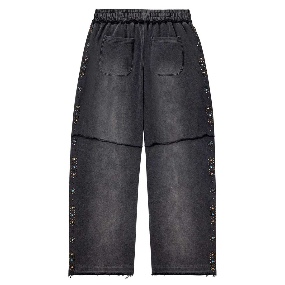 Vale Forever Skittles washed black sweatpants w/ elastic waist, back patch pockets, raw hems, colorful studs line side seams.