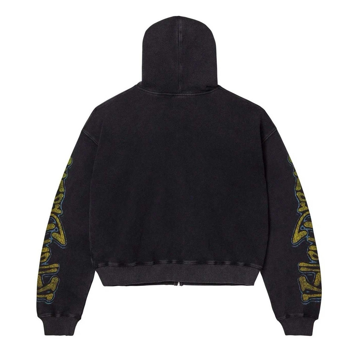 Black God's Liberty zip-up hoodie with hood, seen from behind. Yellow & blue distressed text graphic on both sleeves.