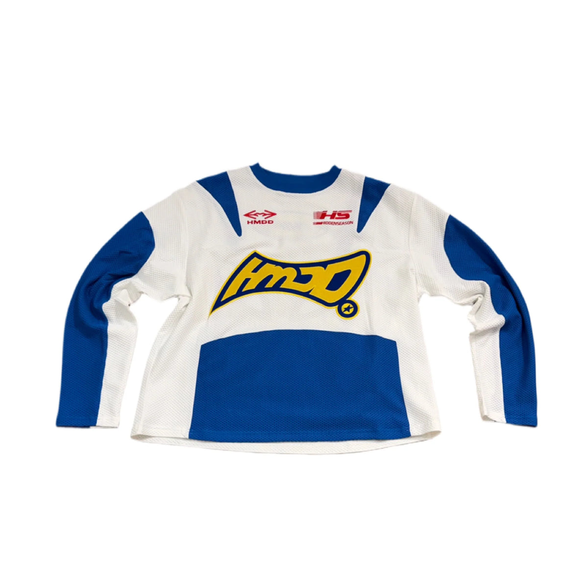 HMDD Hidden Season L/S jersey, white mesh with blue collar, shoulder accents, outer sleeves, and lower panel. Yellow HMDD logo.