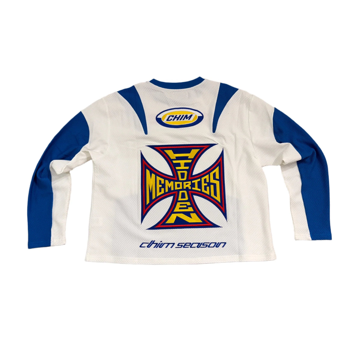 White mesh HMDD Hidden Season L/S jersey. Blue shoulder panels, collar. Back: yellow "HIDDEN MEMORIES" cross, "CHIM" logo.