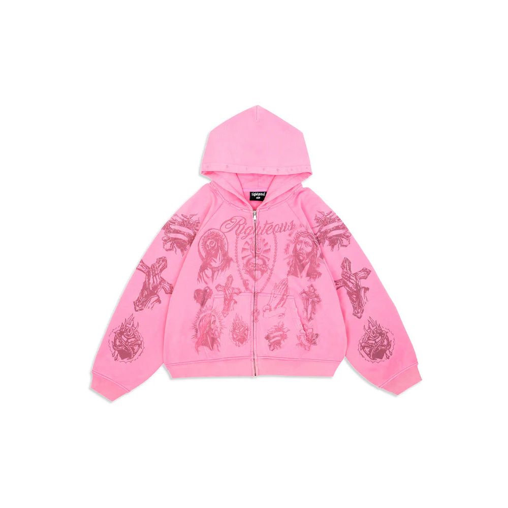 Pink cropped zip-up hoodie featuring "Righteous" text & dark pink religious tattoo graphics: Jesus, crosses, & praying hands.