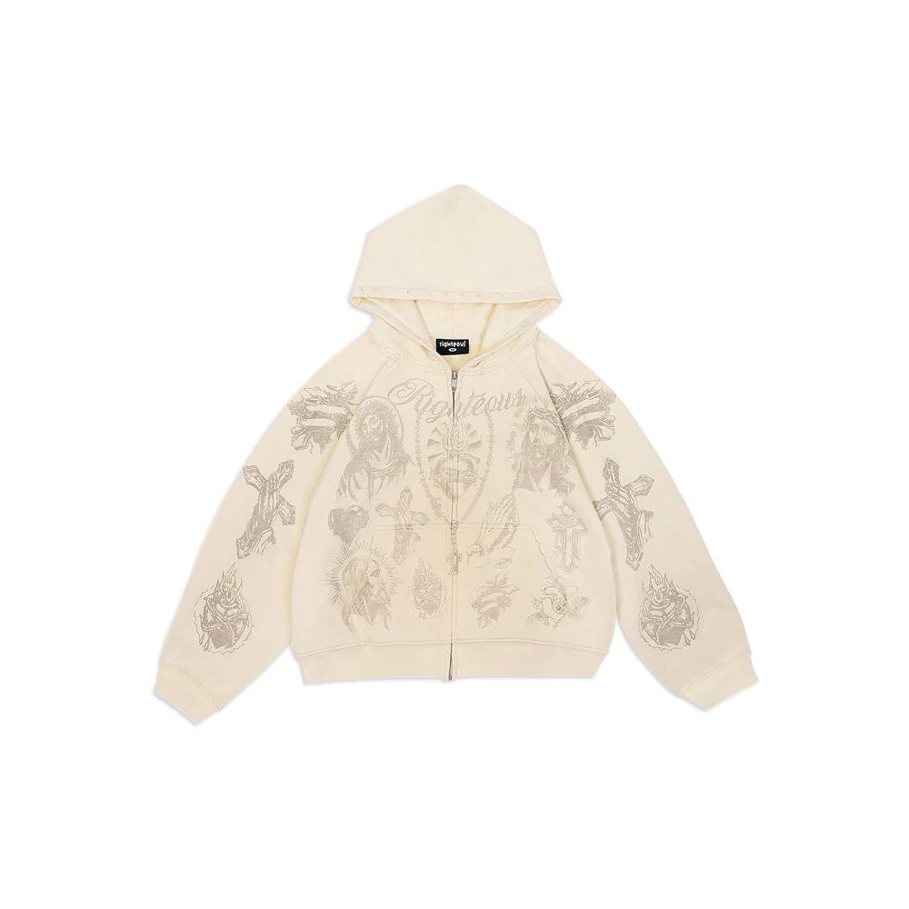 Cream Righteous cropped zip-up hoodie with all-over grey 'tatted' religious art, including Jesus, crosses & script.