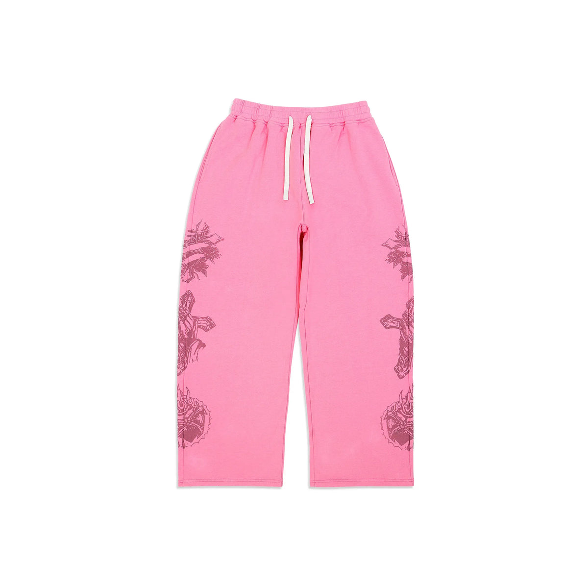 Pink sweatpants with white drawstring, featuring dark pink Tatted Believer-style cross & rose graphics.