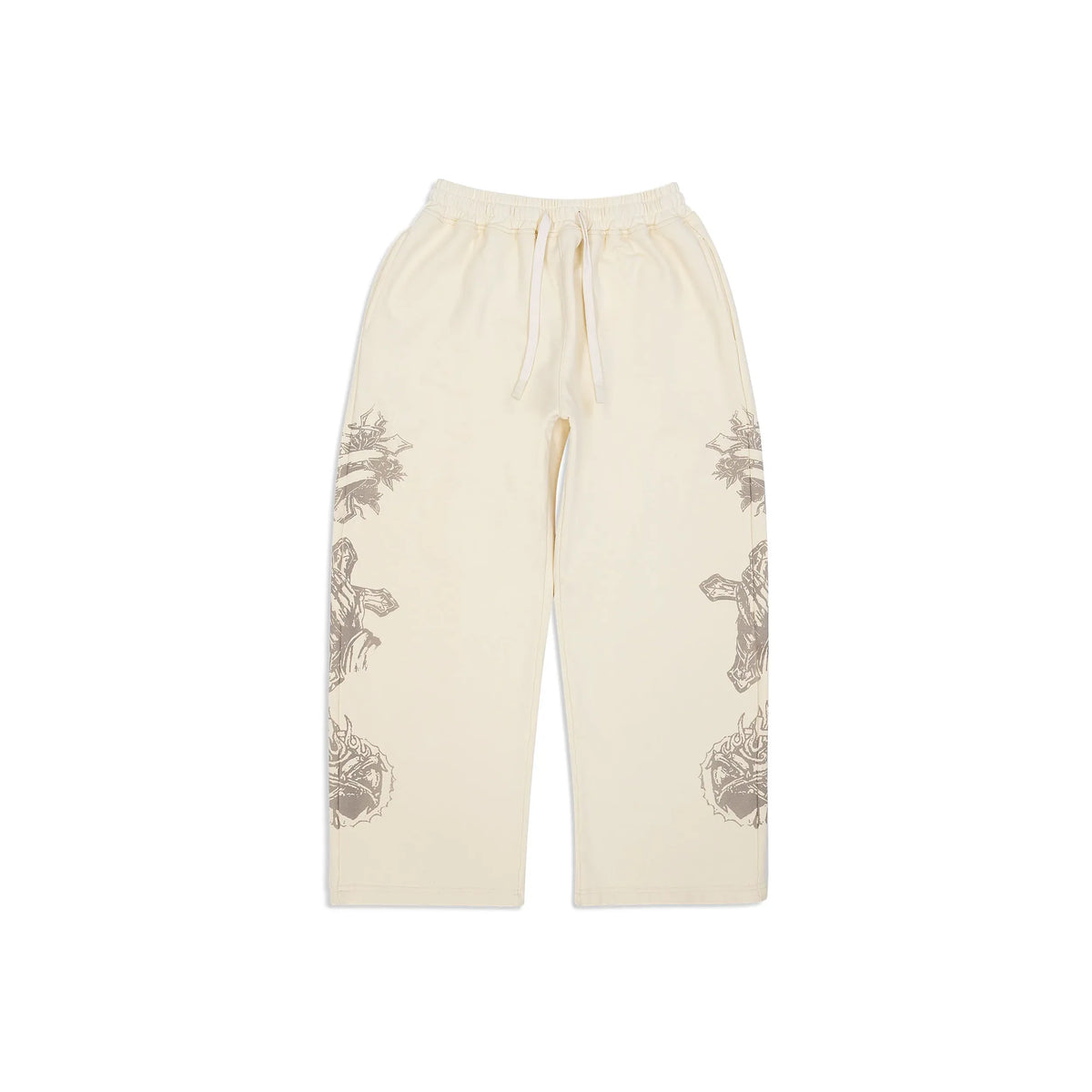 Cream "We Are Righteous" Tatted Believer sweatpants with elastic drawstring waist & grey graphic designs of crosses, roses, banners on both legs.