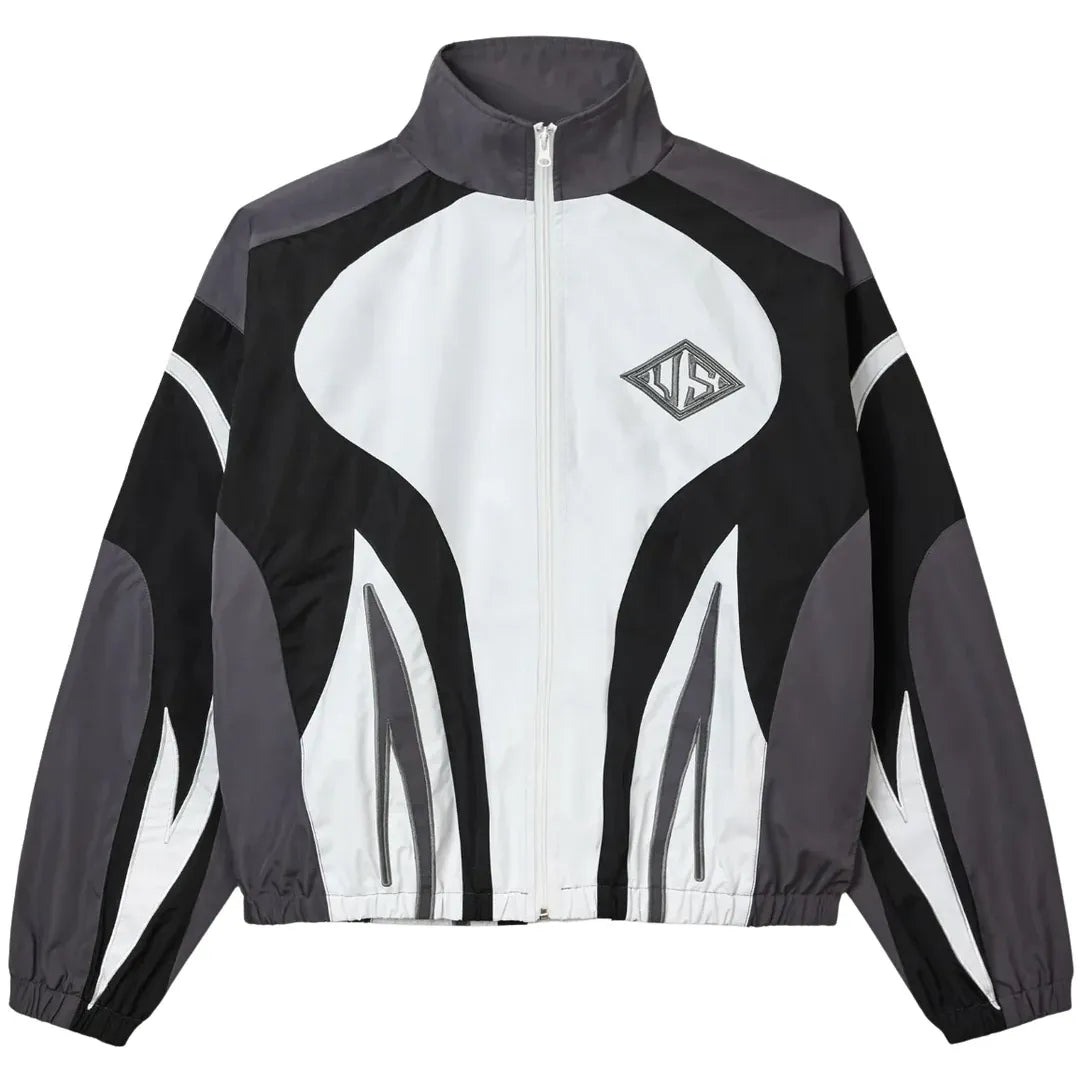 Vale Forever Mono Track Jacket. Black, white & grey color block design with VFS logo, full zip, stand collar.