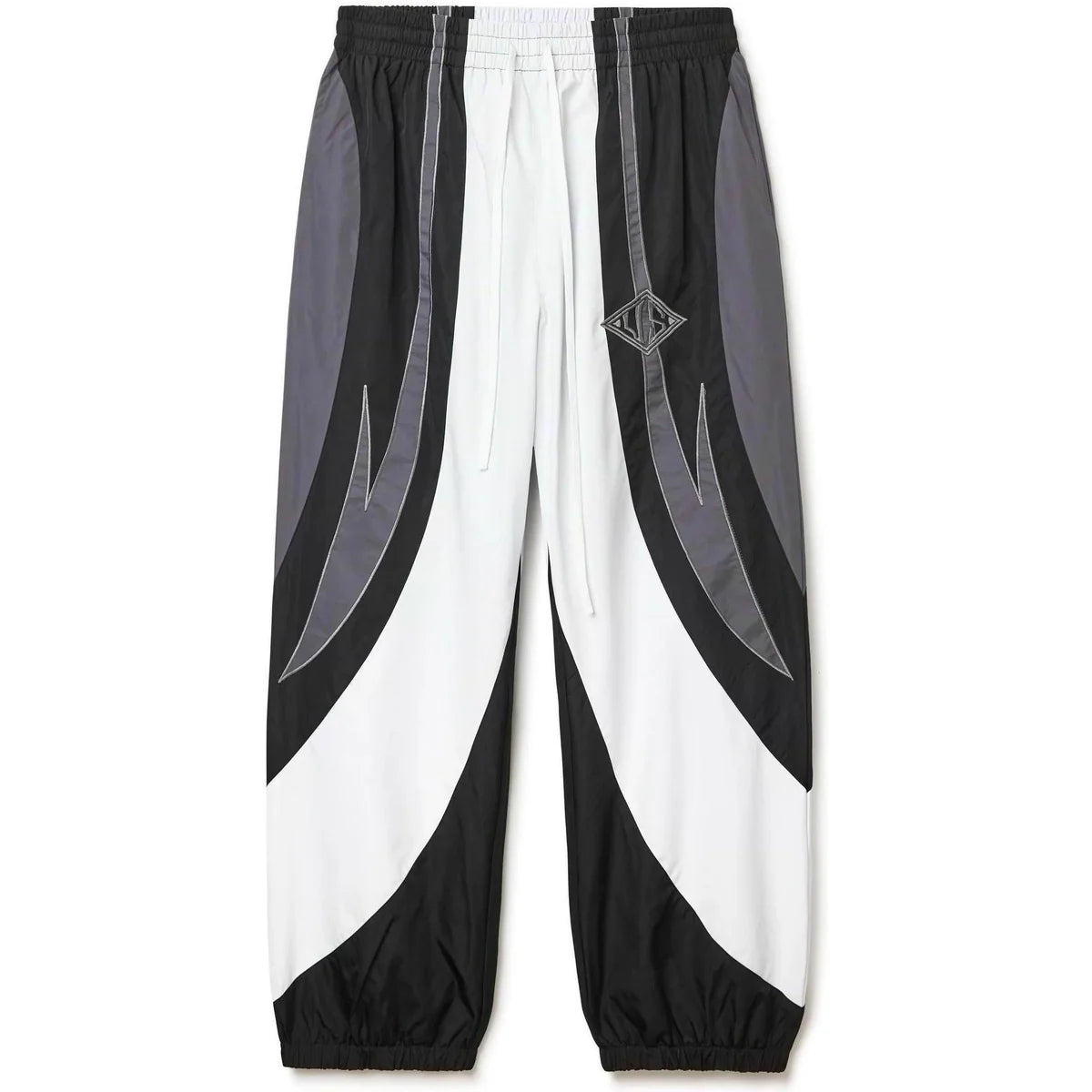 Vale Forever black, white & grey color-blocked track pants with wavy panels, elastic waist, drawstrings, & diamond logo.