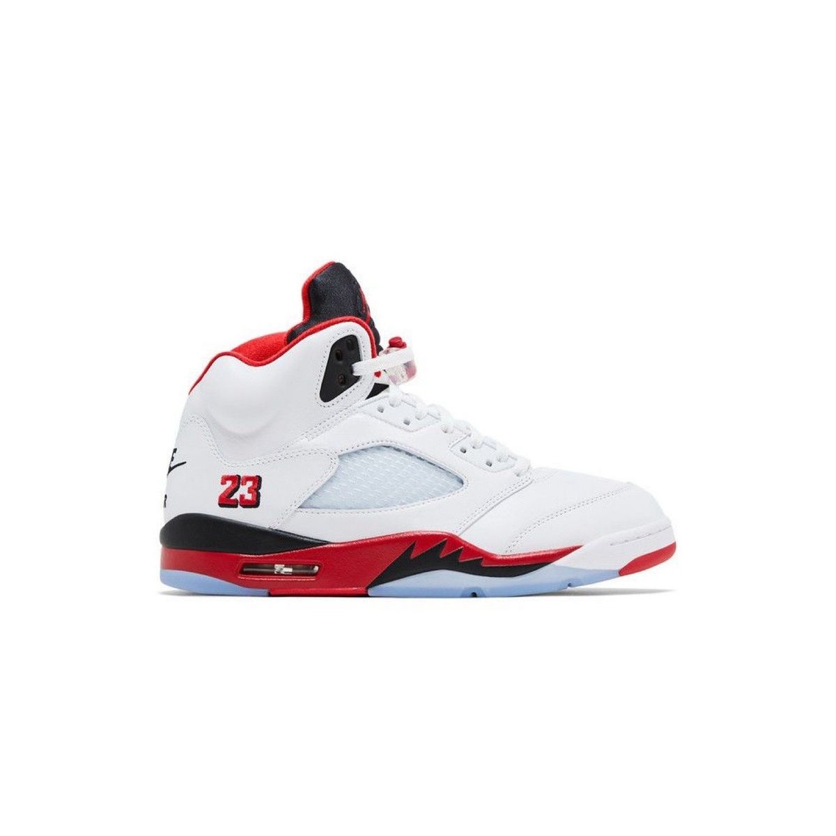 Air Jordan 5 Retro "Fire Red" sneaker. White leather, translucent mesh, red "23" on heel, black tongue, red shark tooth midsole, icy blue sole.