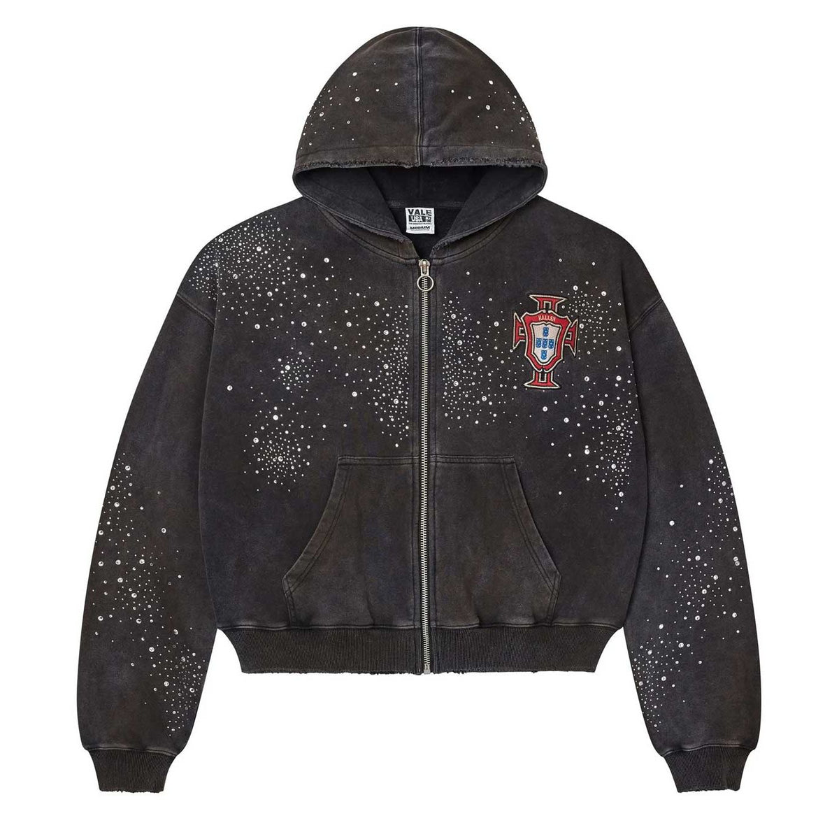 Vale Forever distressed black zip-up hoodie with white 'Pluto Cluster' rhinestones & red/blue crest.