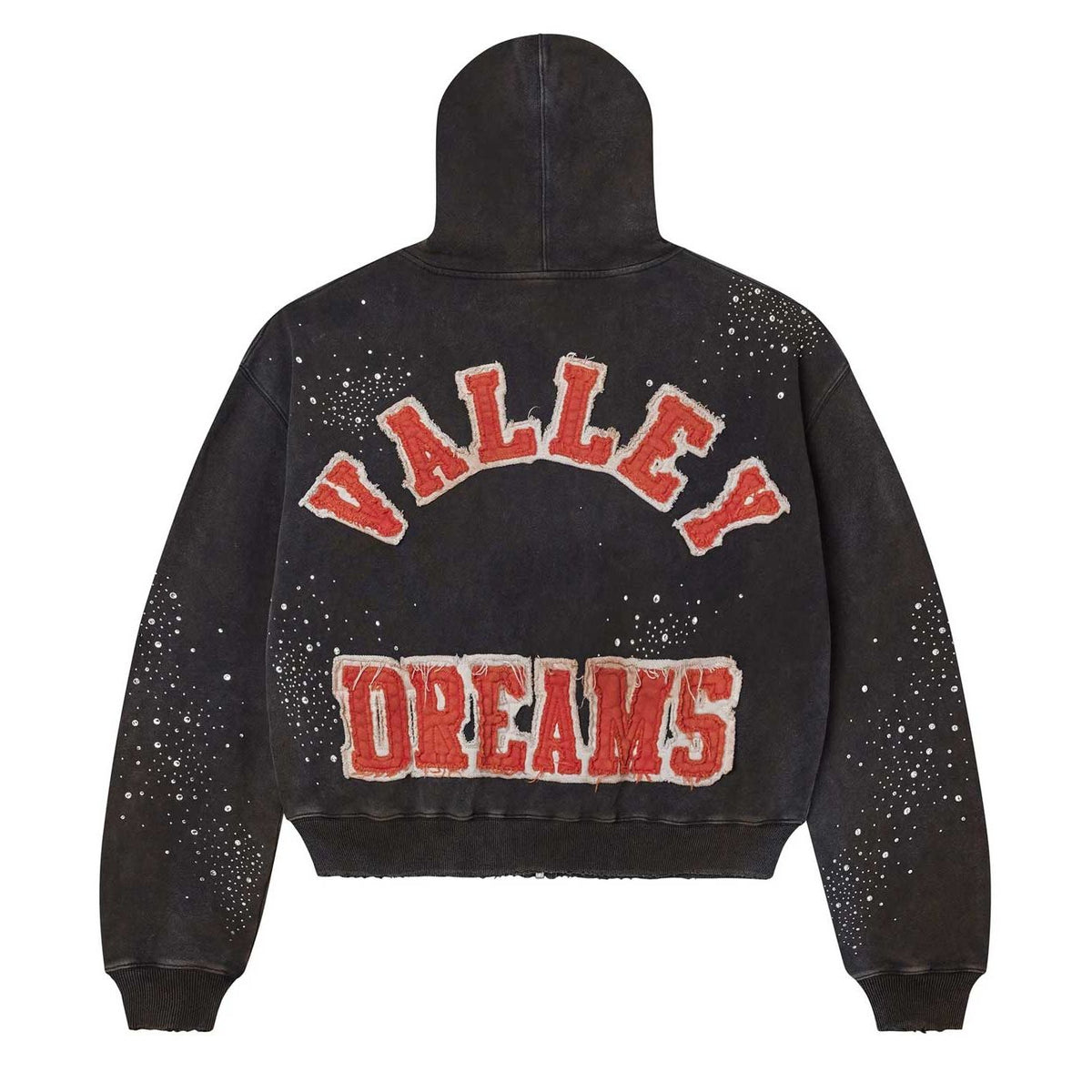 Vale Forever distressed black cropped zip-up hoodie, red 'VALLEY DREAMS' chenille patches, white 'Pluto Cluster' studs.