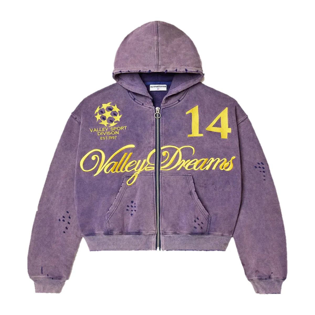 Distressed purple zip-up hoodie with hood. Yellow "VALLEY SPORT DIVISION" logo, "14", and "Valley Dreams" text. Small holes.
