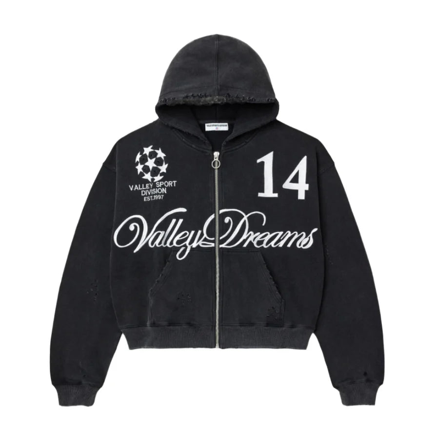 Distressed black zip-up hoodie with frayed hood. White '14' and 'Valley Dreams' script, plus 'Valley Sport Division' logo.