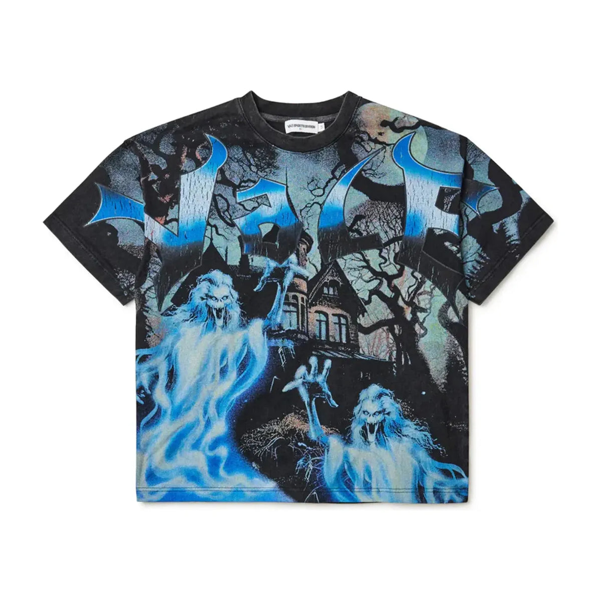 Black Vale oversized tee with blue "VALE" text above haunted house, bare trees, and two glowing blue spooky ghosts.
