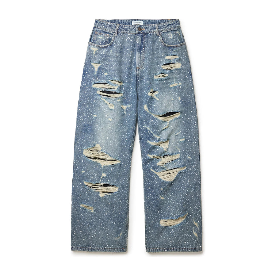 Light blue Vale Forever "Crystal Rain Denim" baggy jeans, heavily ripped with sparkling crystal embellishments.