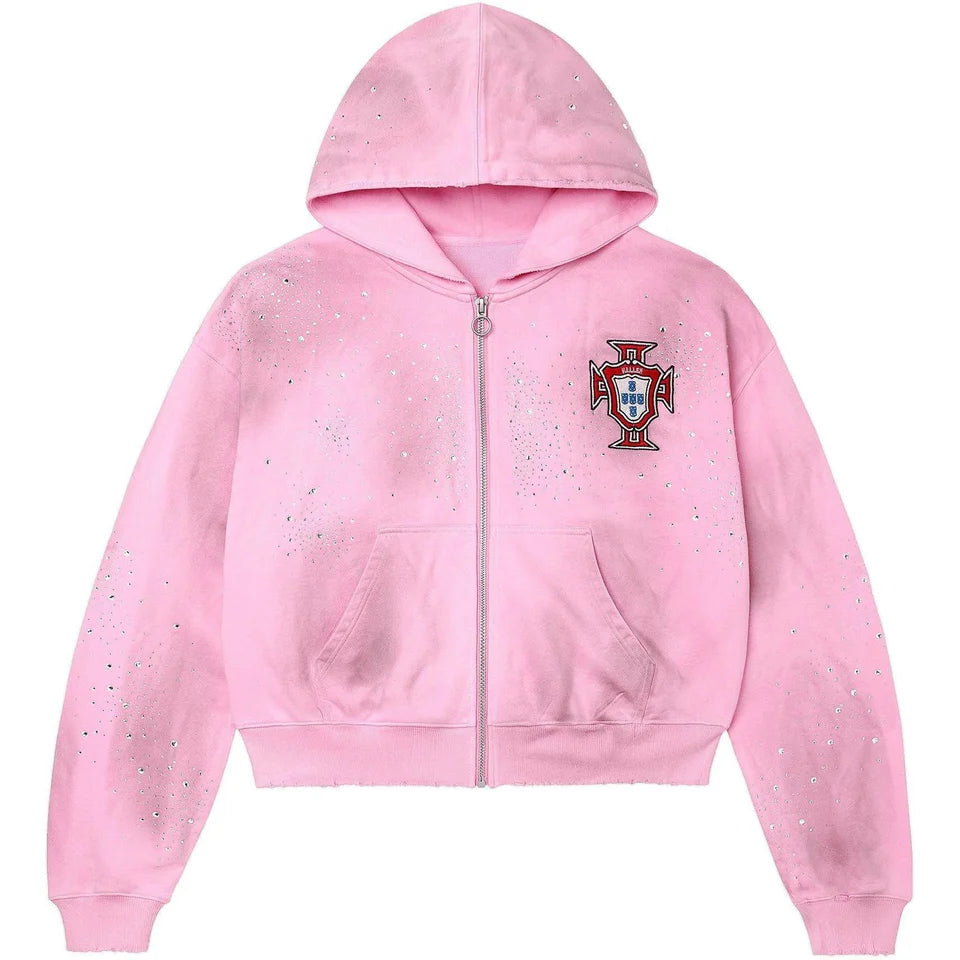 Pink Vale Forever Venus Cluster zip-up hoodie with scattered rhinestones, raw hem, and VALLE cross emblem.