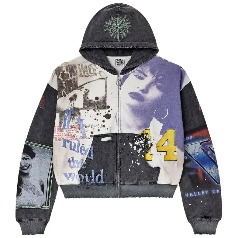 Vale Forever Noise Zip Up. Distressed black/grey graphic hoodie with a collage of woman's face, '14', text, splatters & sun on hood.