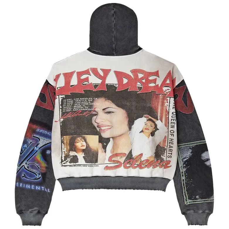 Vale Forever distressed black zip-up hoodie. Back features a large faded white panel with Selena photos, red text, and tour dates.