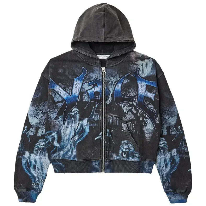 Distressed black Casper zip-up hoodie with bold blue VALE text, spooky trees, haunted house, and ghostly figures print.