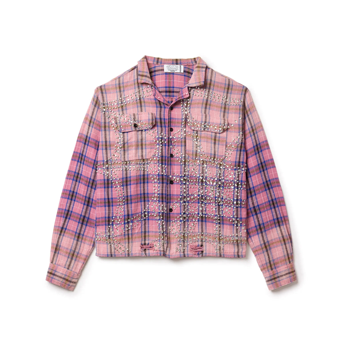 Vale Forever pink plaid flannel, studded with silver rhinestones, featuring dual chest pockets and a ripped hem.