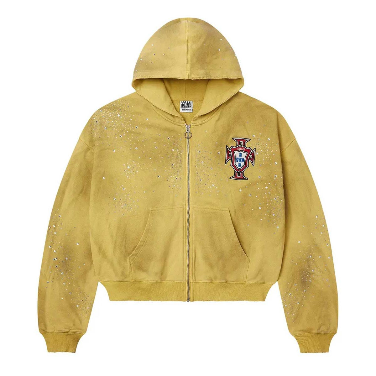 Mustard yellow Vale Forever Sun Cluster zip-up with red, white & blue crest. Scattered silver rhinestones on chest, sleeves, & hood.