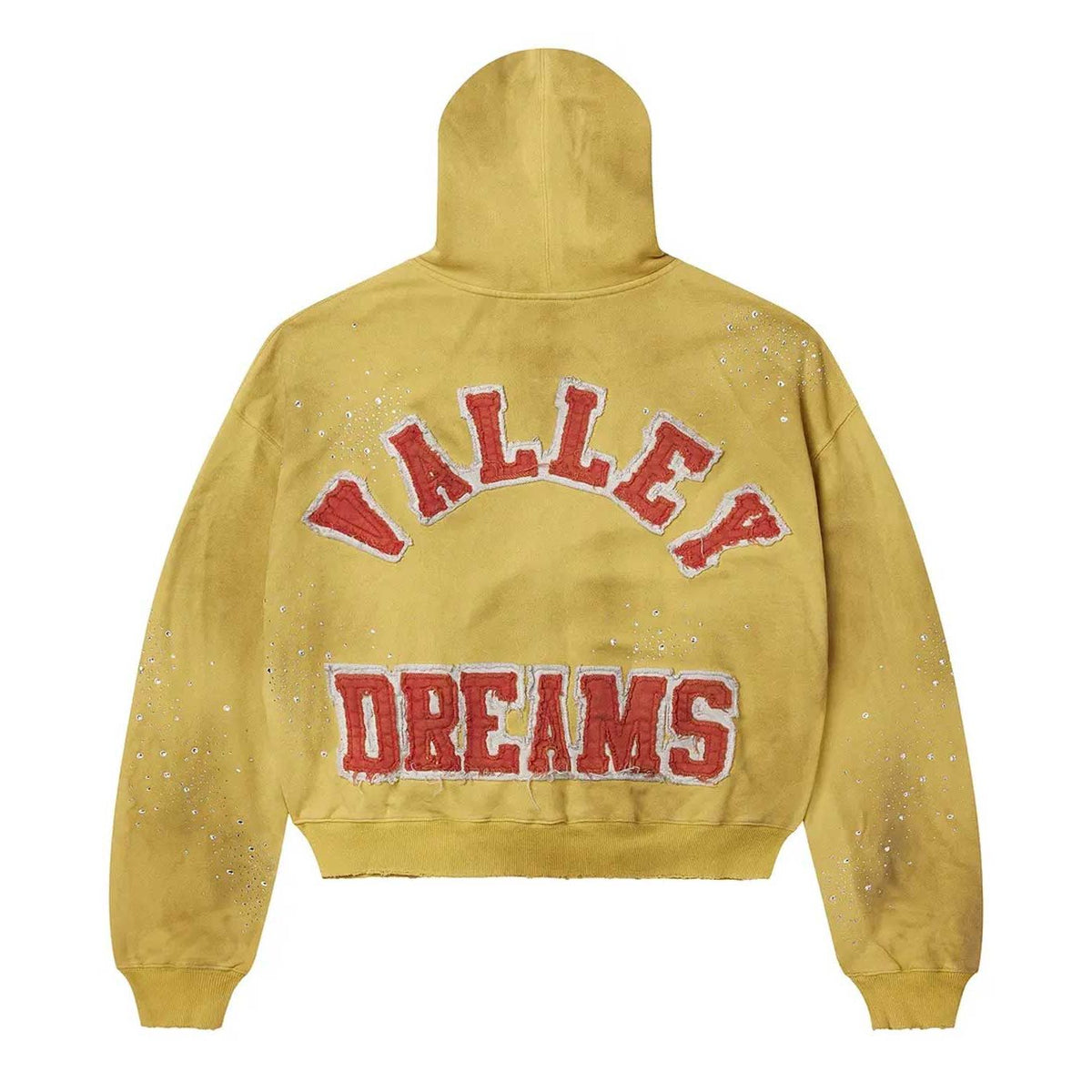 Mustard yellow Vale Forever zip-up hoodie. Distressed red 'VALLEY DREAMS' text & Sun Cluster rhinestones on back.
