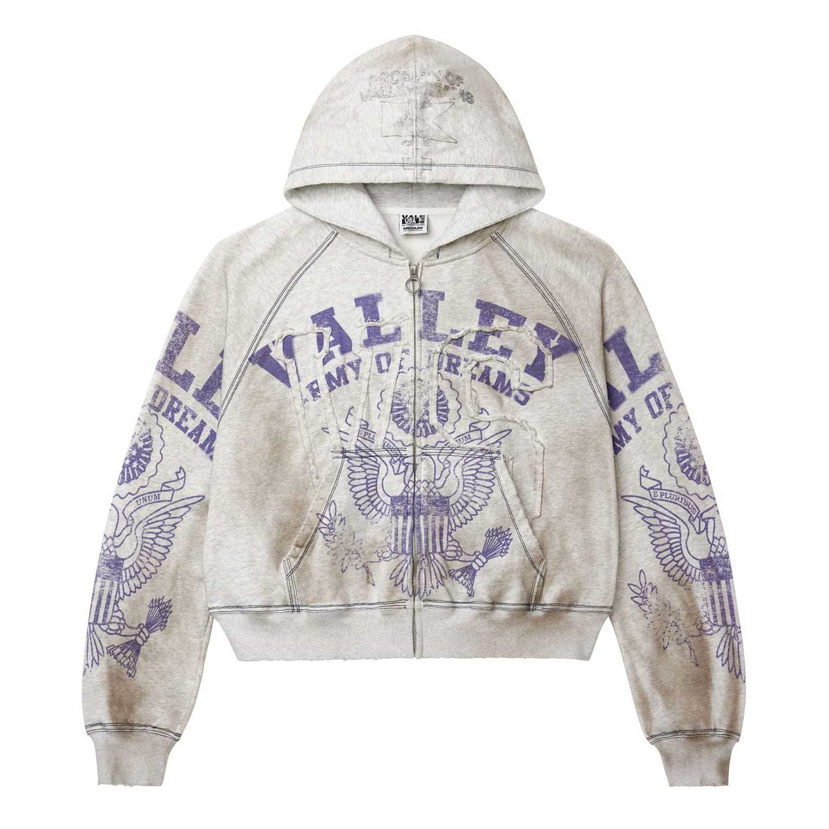 Light grey marl Vale Forever cropped zip-up hoodie with distressed purple 'VALLEY' text, eagle graphics, and dark stitching.