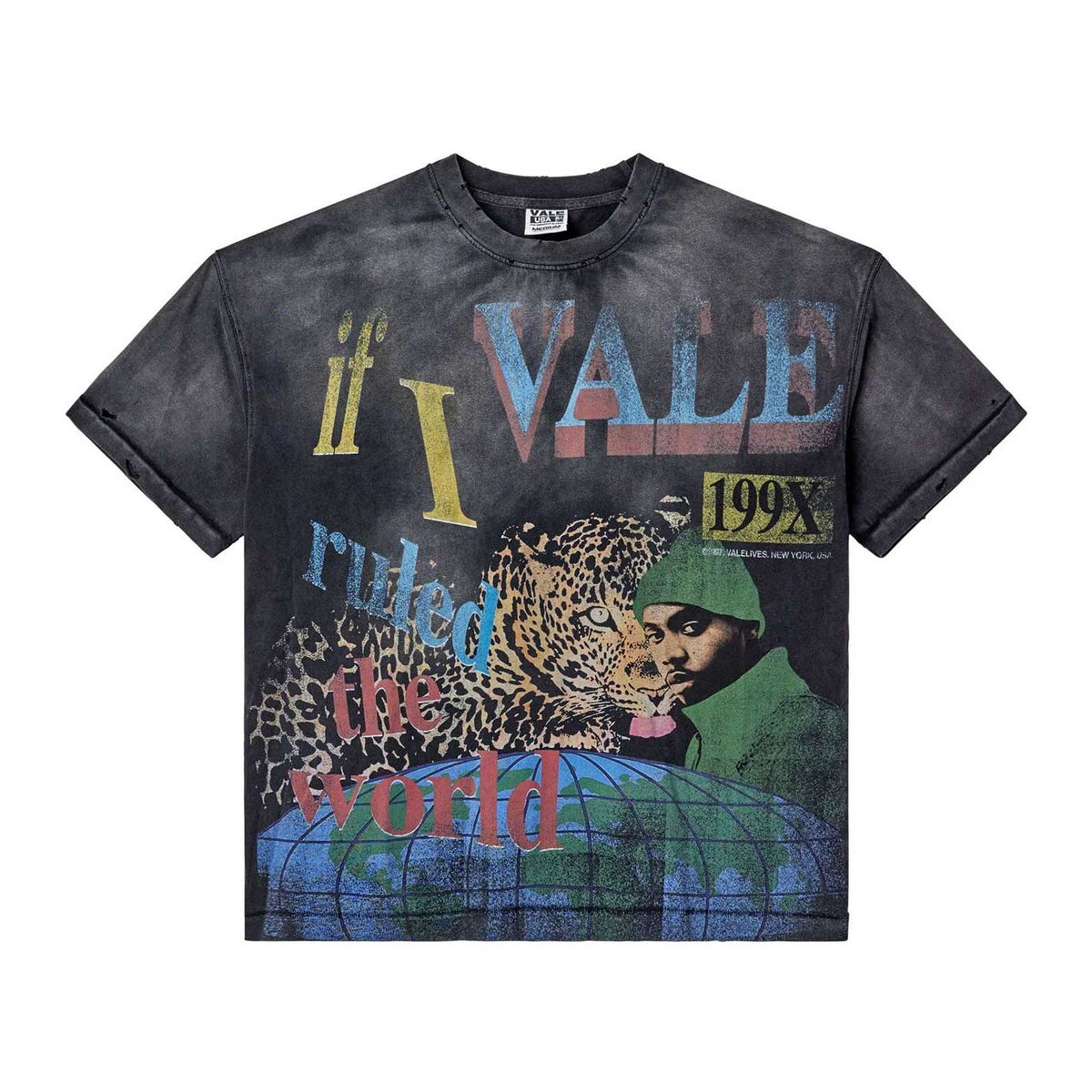 Vale Forever "Da Ruler" washed black tee with vintage graphic: leopard, man in green beanie, globe, & "if I VALE ruled the world" text.
