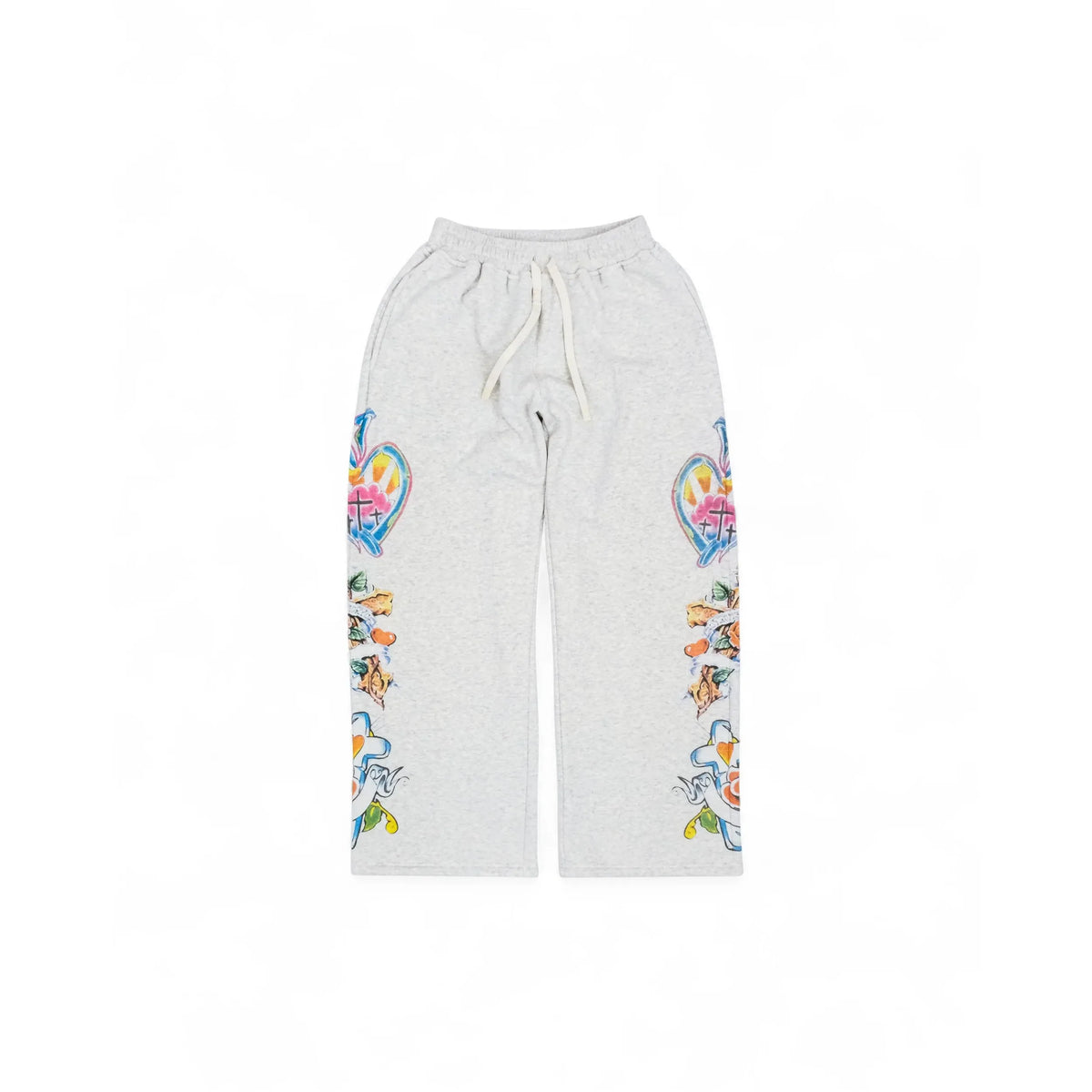 We Are Righteous Risen King grey sweatpants with a white drawstring and colorful heart, cross, & floral graphics down both outer legs.