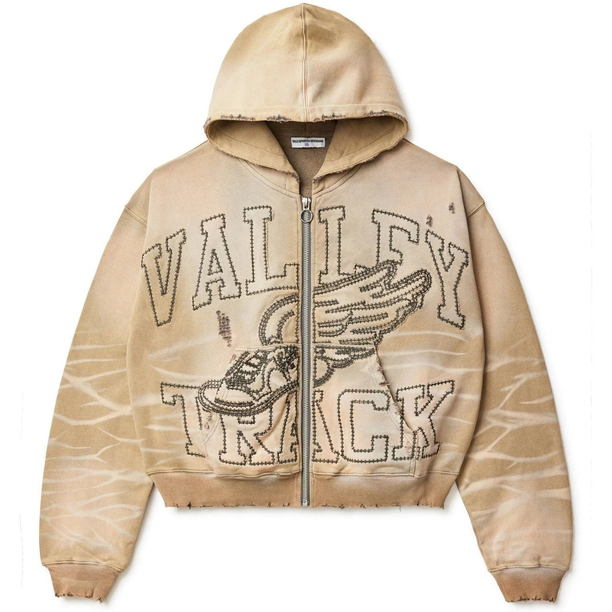 Sand distressed zip-up hoodie with 'VALLEY TRACK' and winged sneaker, outlined in dark stitches. Frayed edges & bleached patterns.