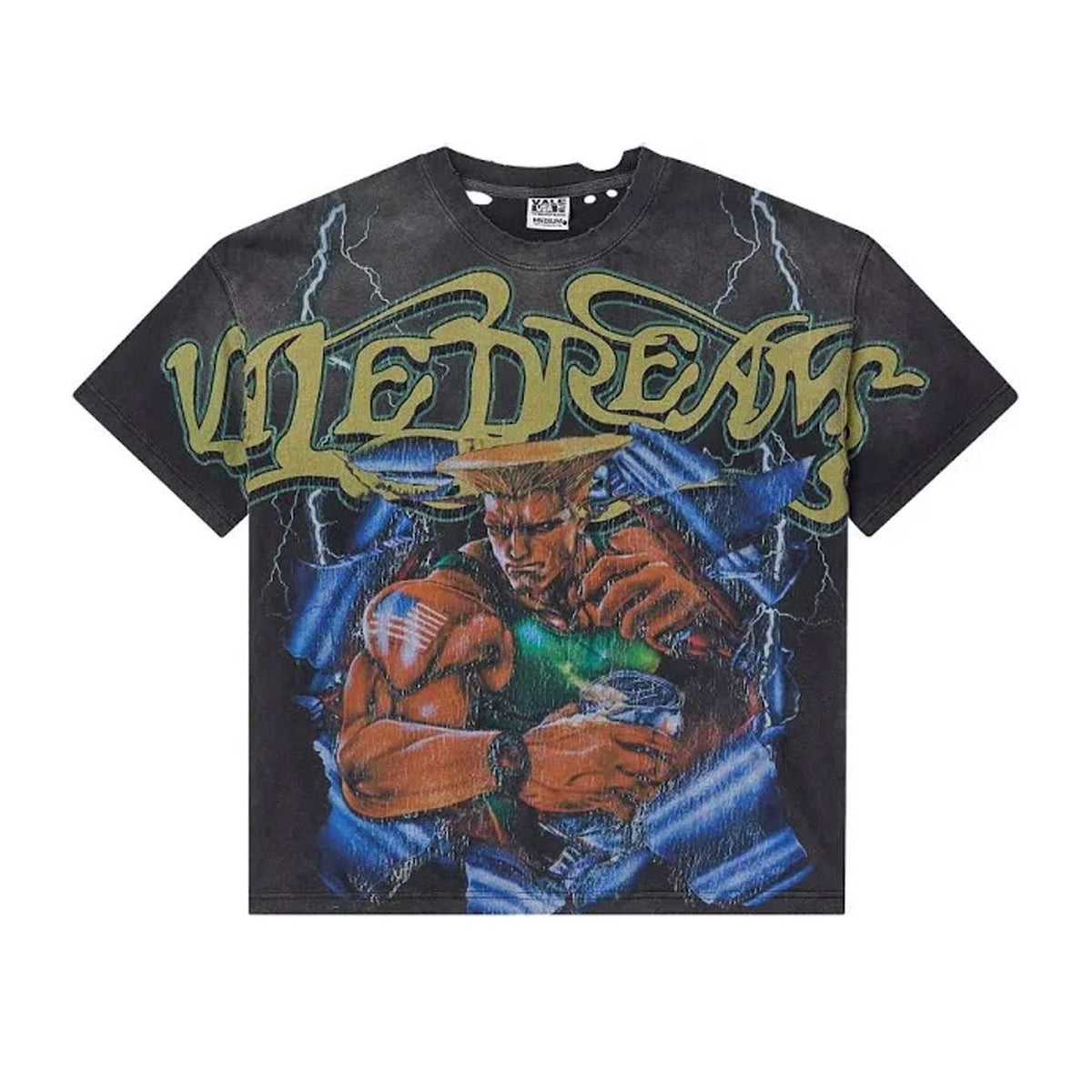 Black distressed Vale tee with Street Fighter's Guile, surrounded by blue lightning & gold 'VALE DREAMS' text.
