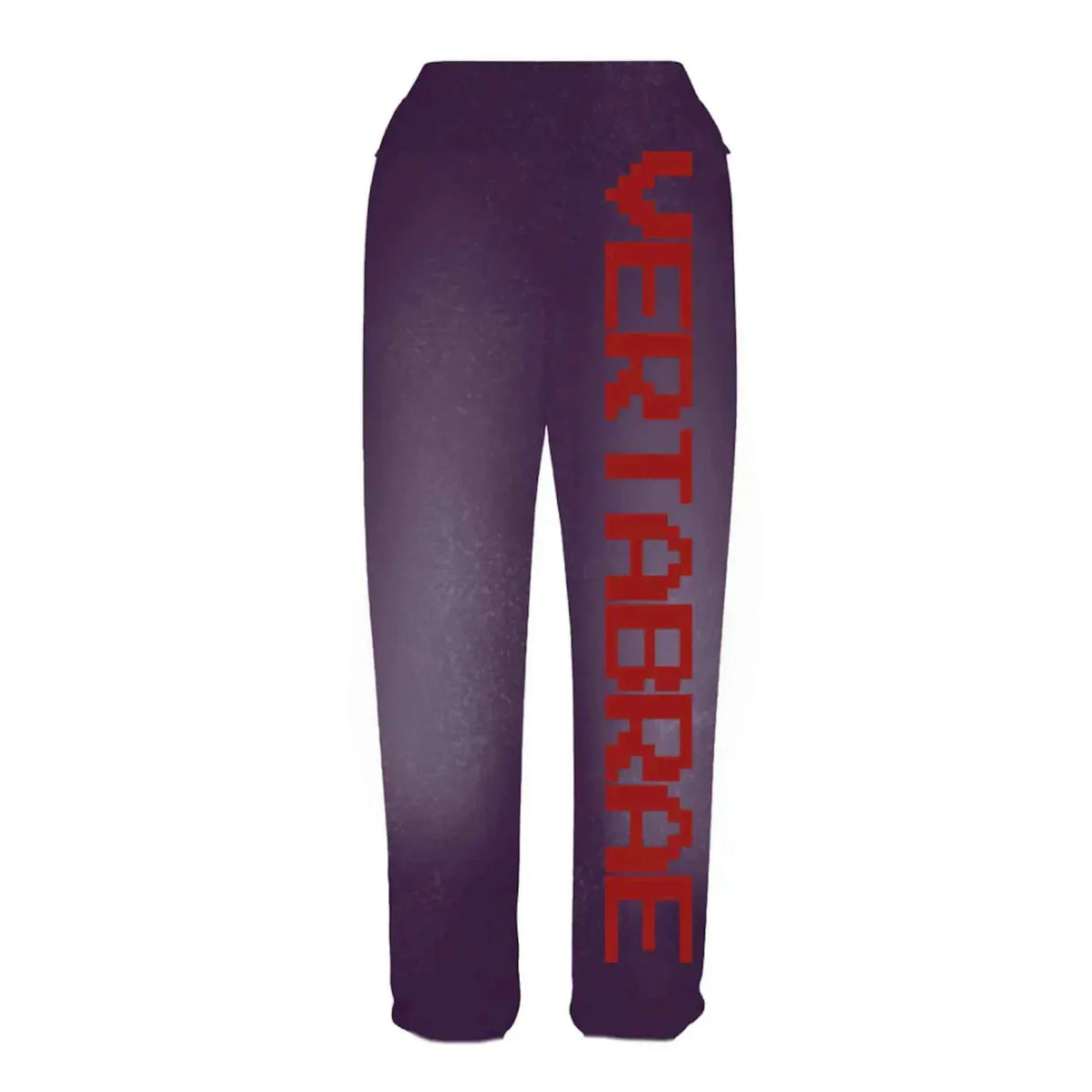 VERTABRAE C2 purple sweatpants with a vertical red pixel font 'VERTABRAE' logo on the right leg.