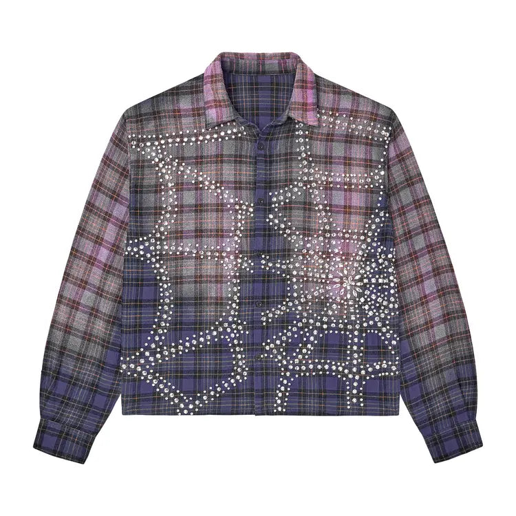 Vale Forever Inferno Flannel shirt: Blue-purple plaid with large, intricate rhinestone star & geometric pattern.