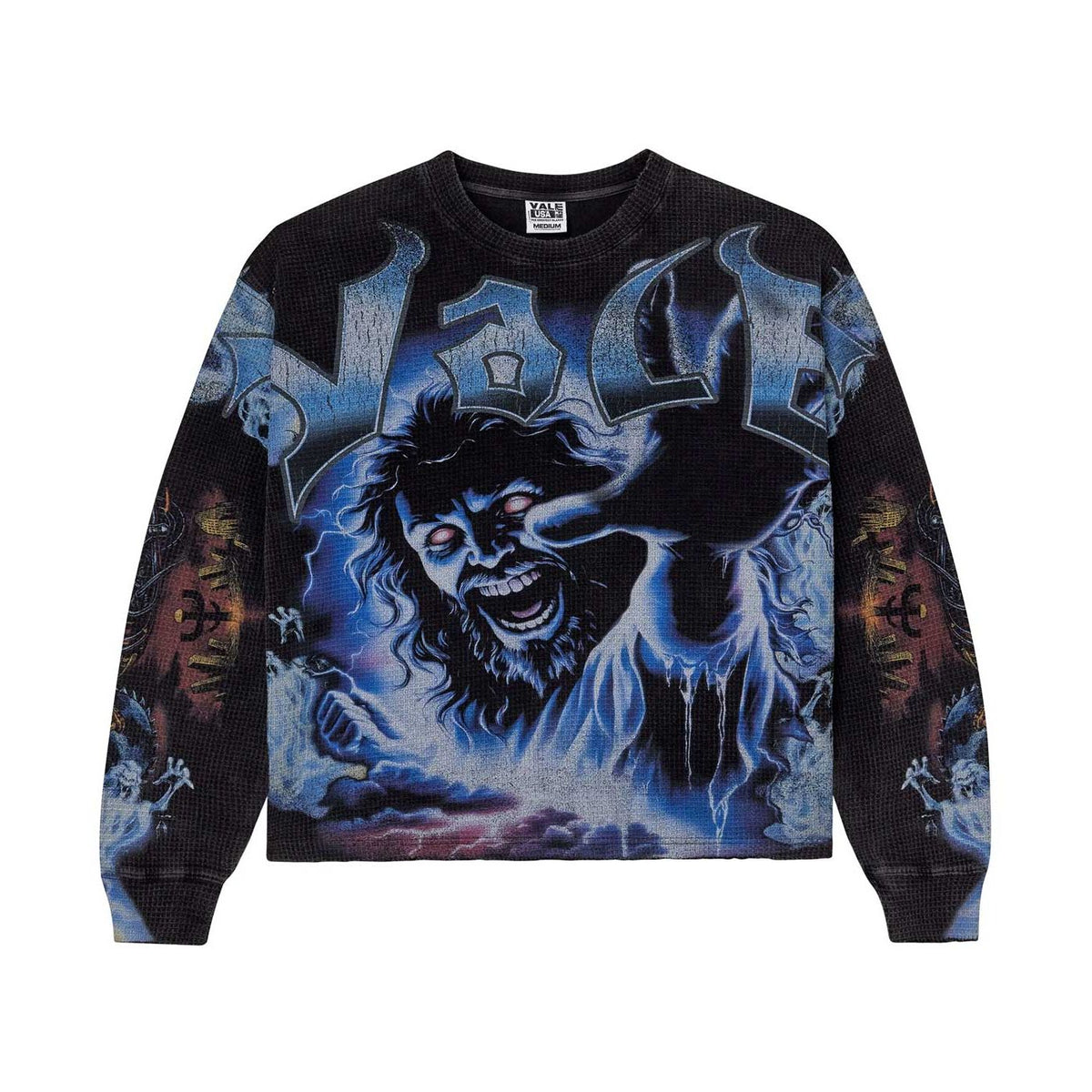 Vale Forever L/S black thermal tee features a tormented screaming man, red eyes, blue lightning, and VALE text. Dark sleeve details.