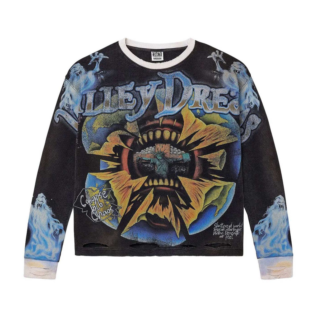 Black Vale L/S thermal tee, distressed. Features a vibrant 'World Eater' monster graphic with 'Valley Dreams' text.