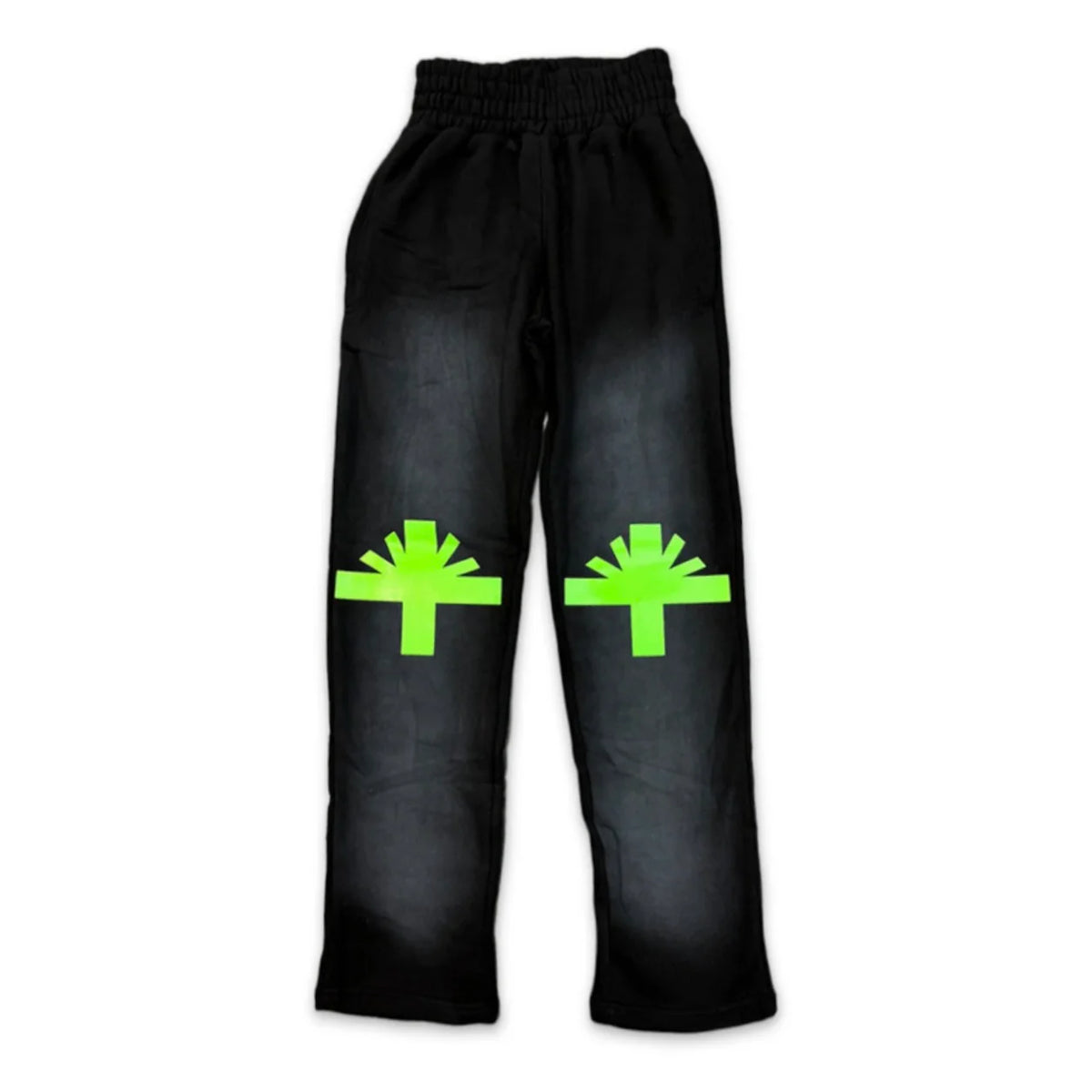 VERTABRAE black distressed sweatpants with elastic waist and bright slime green stylized cross logos on both knees.
