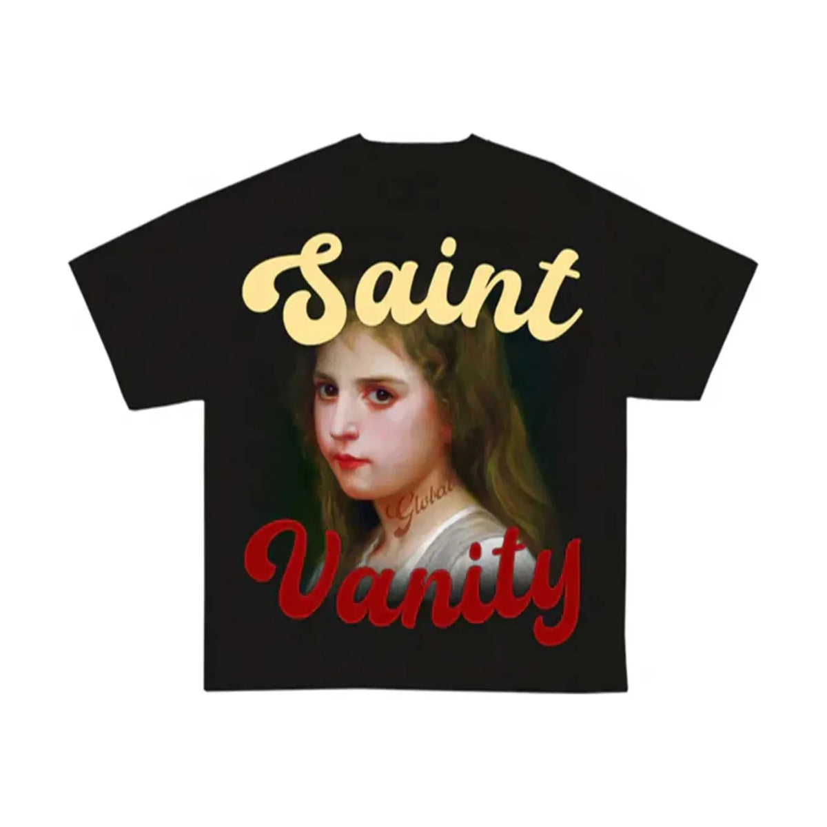 Black Saint Vanity tee with a classic girl portrait. 'Saint' in yellow above, 'Vanity' in red below, 'Global' on her neck.