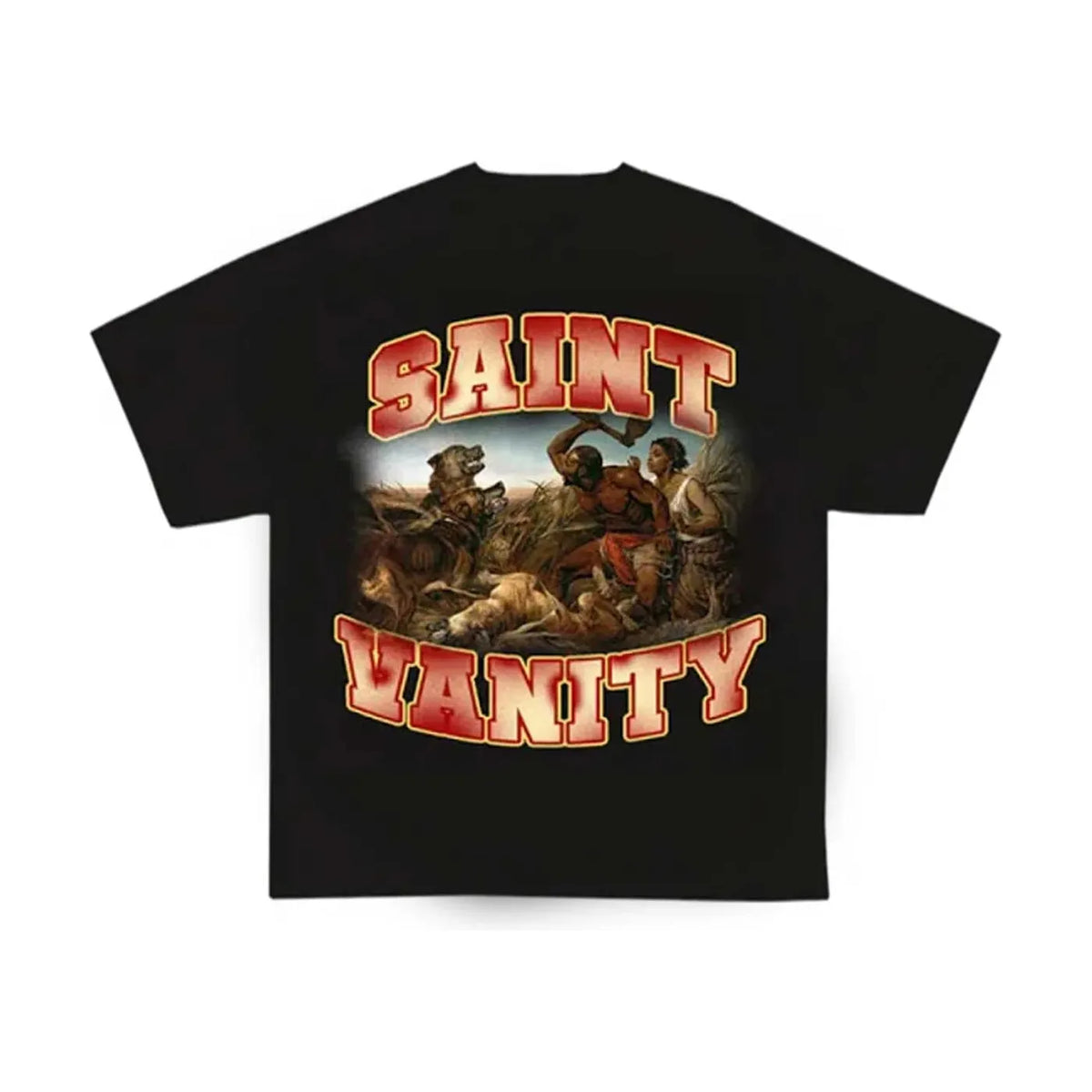 Black Saint Vanity tee. Central classical painting graphic of a struggle, with "SAINT" above & "VANITY" below in red & gold letters.