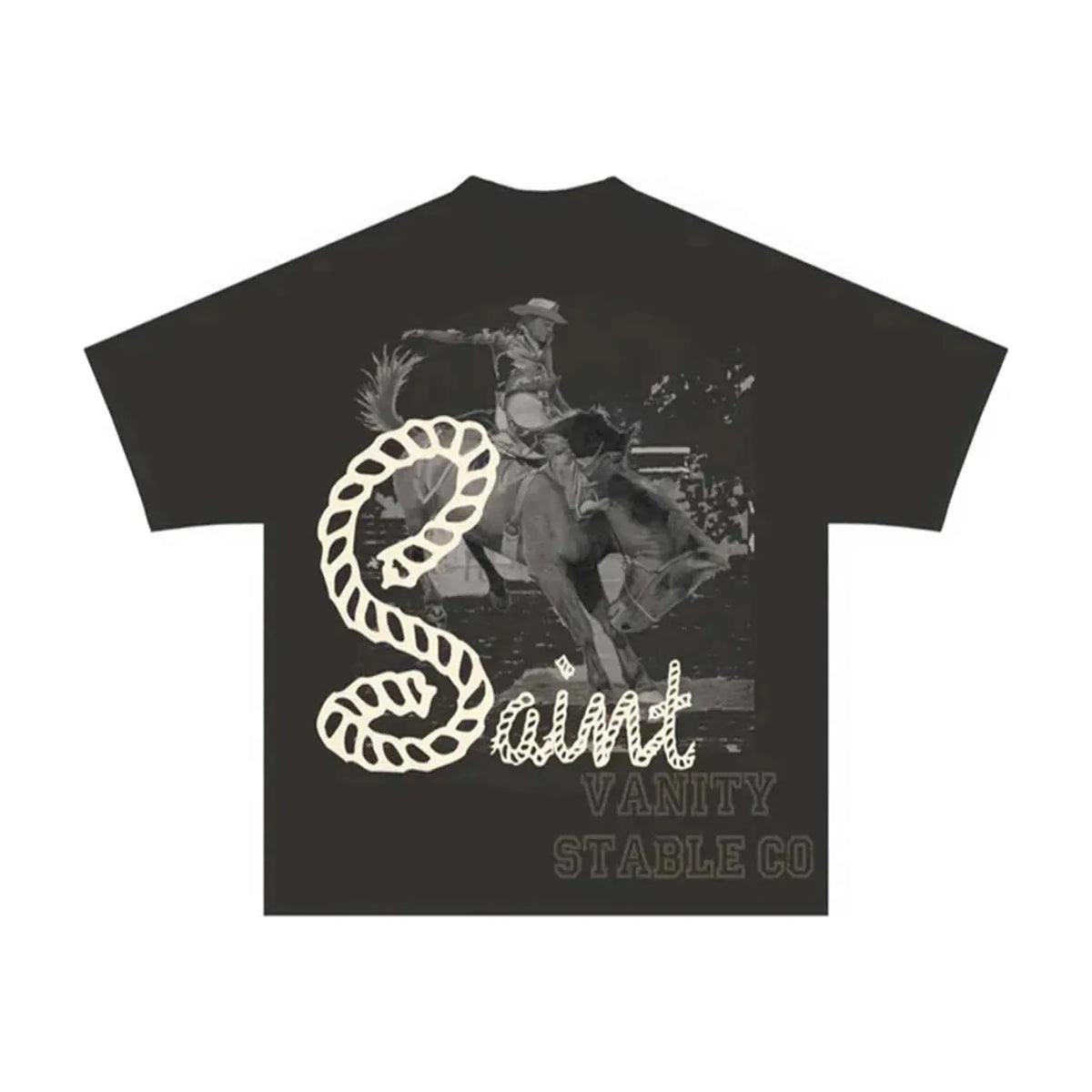 Washed black tee with a grayscale graphic of a rodeo rider on a bucking horse. "Saint" with a rope 'S', "VANITY STABLE CO" below.
