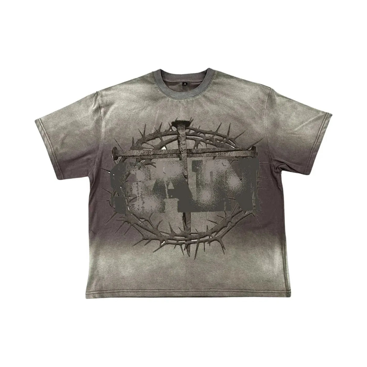 Saint Vanity Cross Tee: Faded gray tee with a dark-to-light gradient wash. Features a distressed cross of nails in a thorn crown.